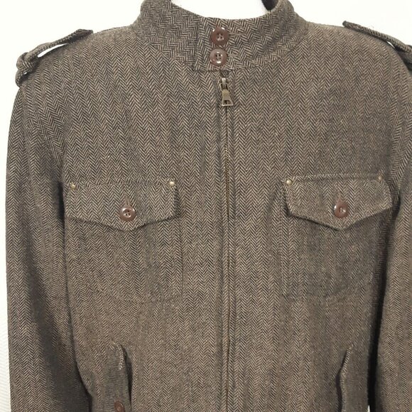 Twenty One Men Wool Blend Flight Jacket Coat XL Chevron Tweed Pockets Dark Brown - Picture 3 of 6